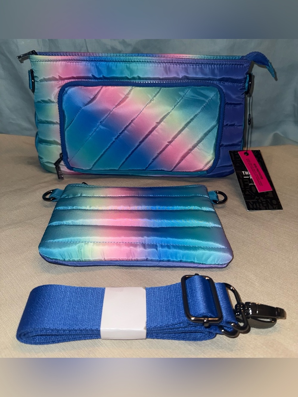 Think Royln Bank Street Blue Lagoon Ombre Quilted Crossbody Bag Set NWT